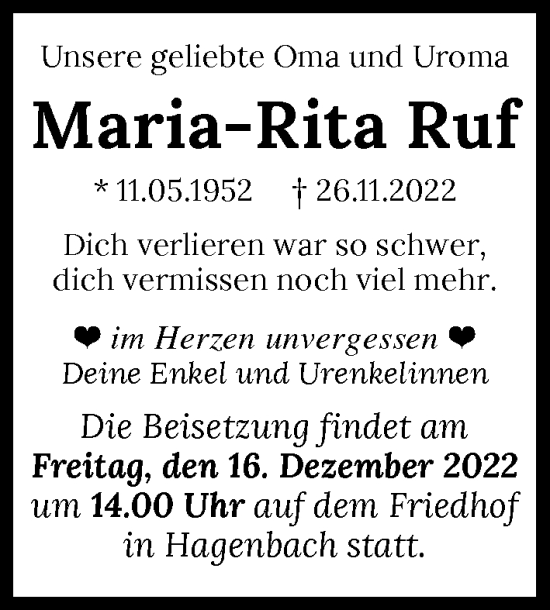 Traueranzeige von Maria-Rita Ruf von Heilbronner Stimme