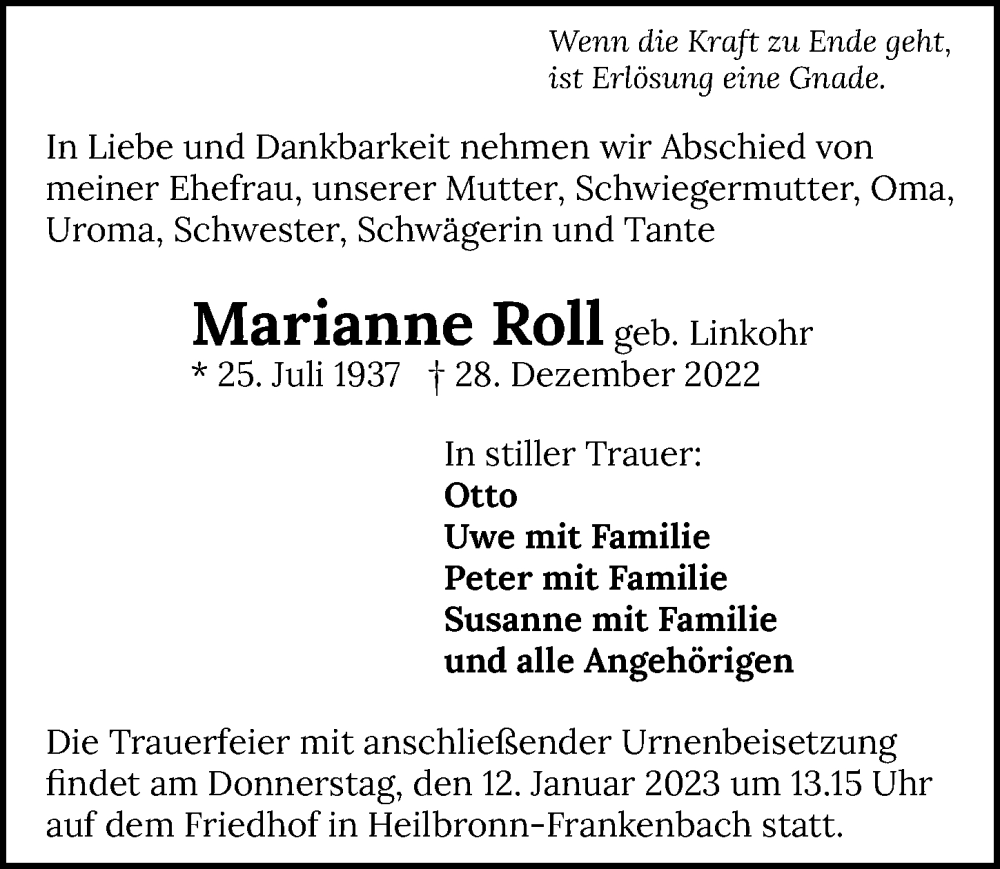  Traueranzeige für Marianne Roll vom 31.12.2022 aus GESAMT