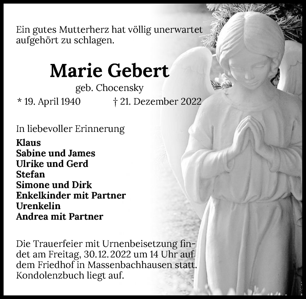  Traueranzeige für Marie Gebert vom 24.12.2022 aus GESAMT