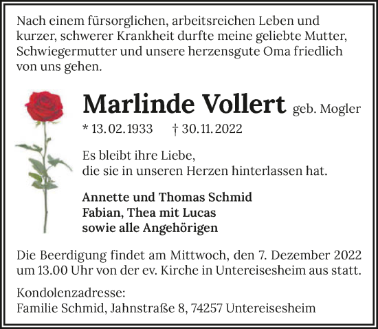 Traueranzeige von Marlinde Vollert von Heilbronner Stimme