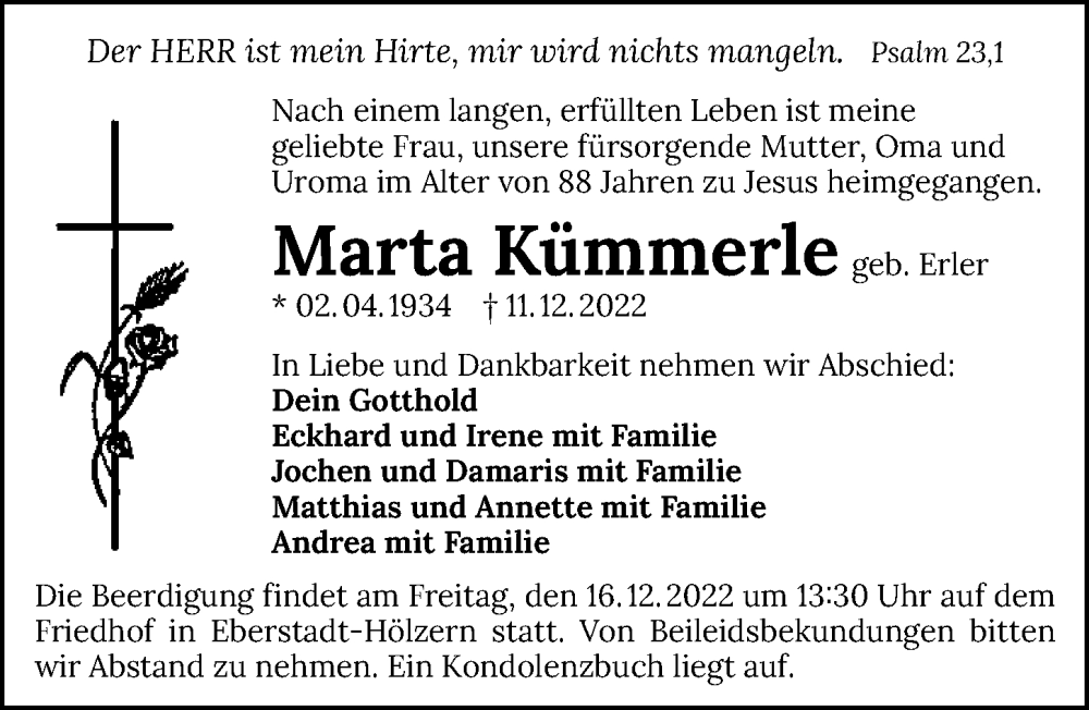  Traueranzeige für Marta Kümmerle vom 14.12.2022 aus GESAMT