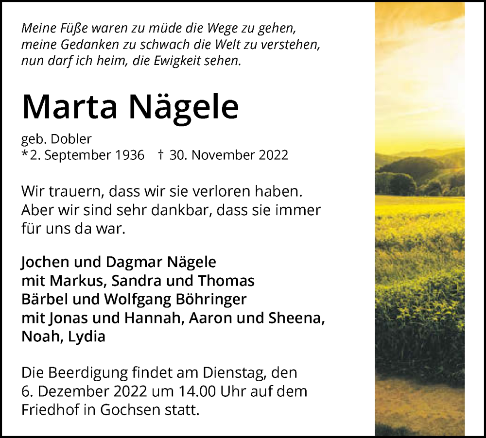 Traueranzeige für Marta Nägele vom 03.12.2022 aus Heilbronner Stimme