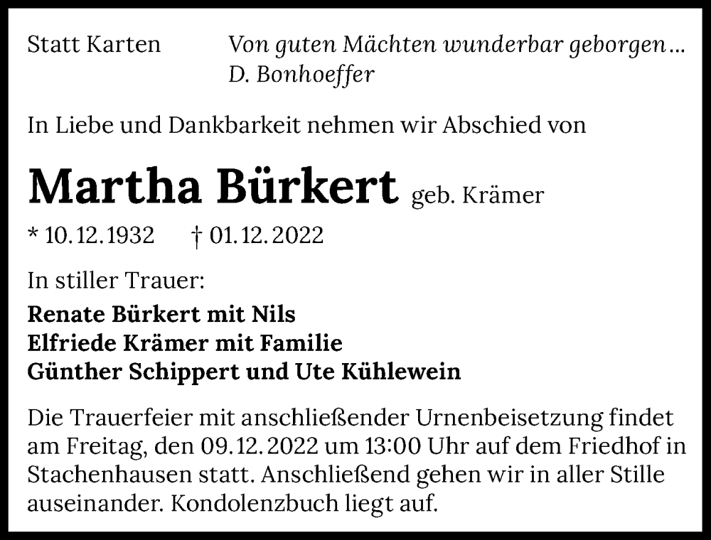  Traueranzeige für Martha Bürkert vom 07.12.2022 aus GESAMT