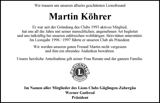 Traueranzeige von Martin Köhrer von Heilbronner Stimme