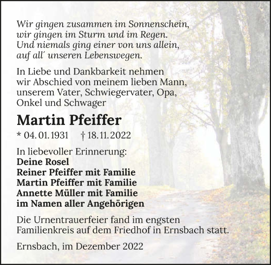 Traueranzeige von Martin Pfeiffer von Heilbronner Stimme