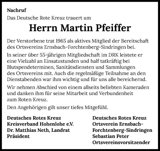 Traueranzeige von Martin Pfeiffer von Heilbronner Stimme