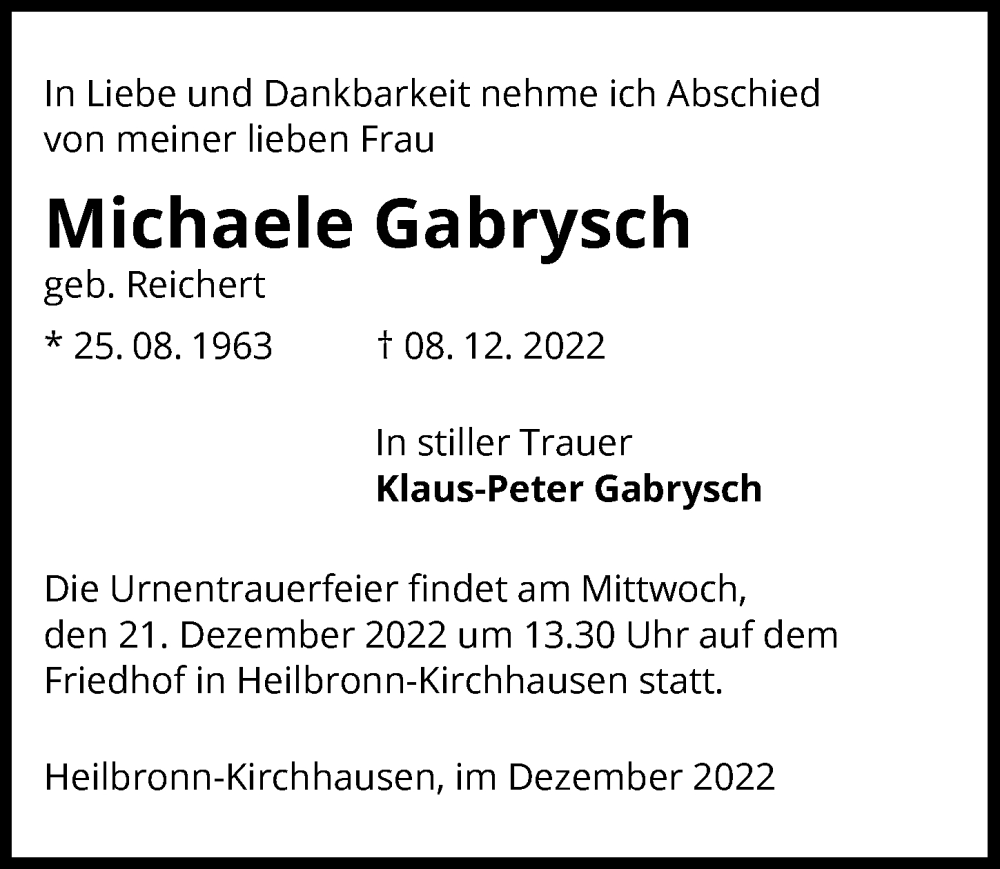  Traueranzeige für Michaele Gabrysch vom 17.12.2022 aus GESAMT