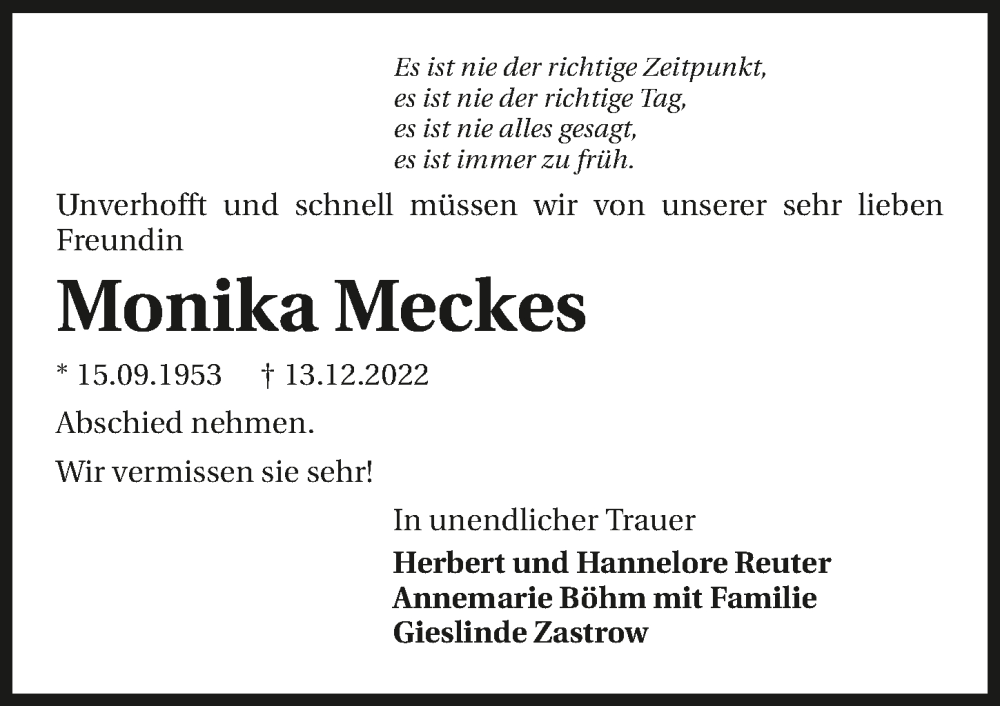  Traueranzeige für Monika Meckes vom 22.12.2022 aus GESAMT