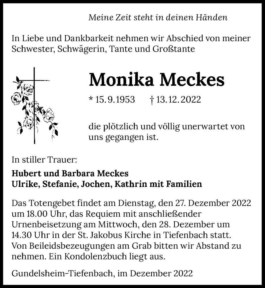  Traueranzeige für Monika Meckes vom 22.12.2022 aus GESAMT
