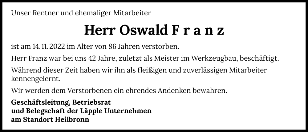  Traueranzeige für Oswald Franz vom 12.12.2022 aus GESAMT