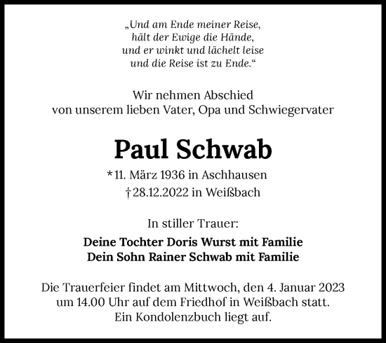Traueranzeige von Paul Schwab von GESAMT