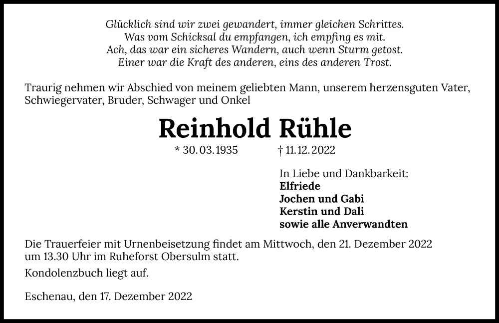  Traueranzeige für Reinhold Rühle vom 17.12.2022 aus GESAMT