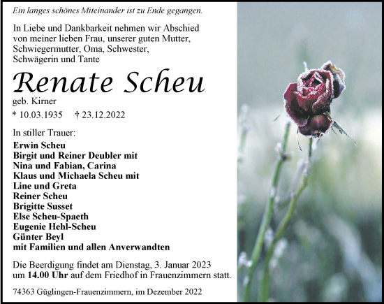 Traueranzeige von Renate Scheu von GESAMT