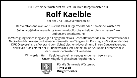 Traueranzeige von Rolf Kaelble von Heilbronner Stimme