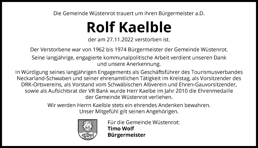  Traueranzeige für Rolf Kaelble vom 03.12.2022 aus Heilbronner Stimme