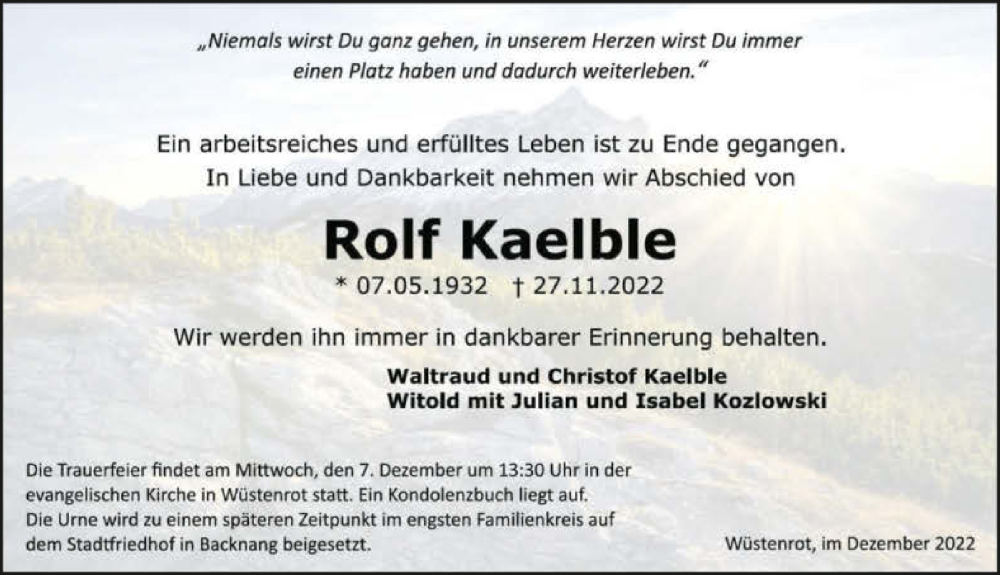  Traueranzeige für Rolf Kaelble vom 03.12.2022 aus Heilbronner Stimme