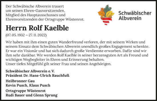 Traueranzeige von Rolf Kaelble von GESAMT
