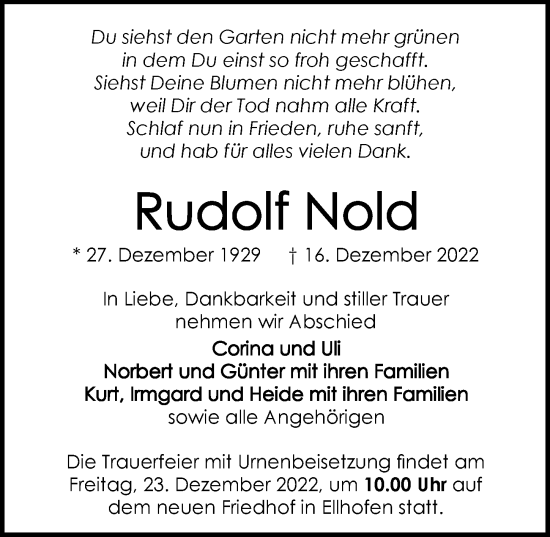 Traueranzeige von Rudolf Nold von GESAMT