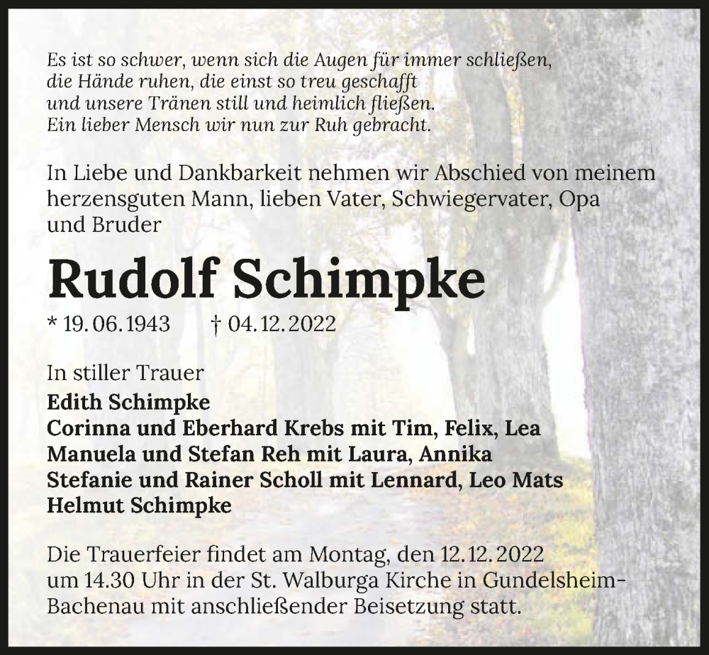  Traueranzeige für Rudolf Schimpke vom 08.12.2022 aus GESAMT
