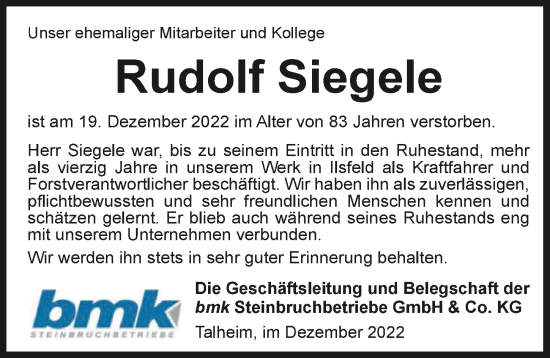 Traueranzeige von Rudolf Siegele von GESAMT