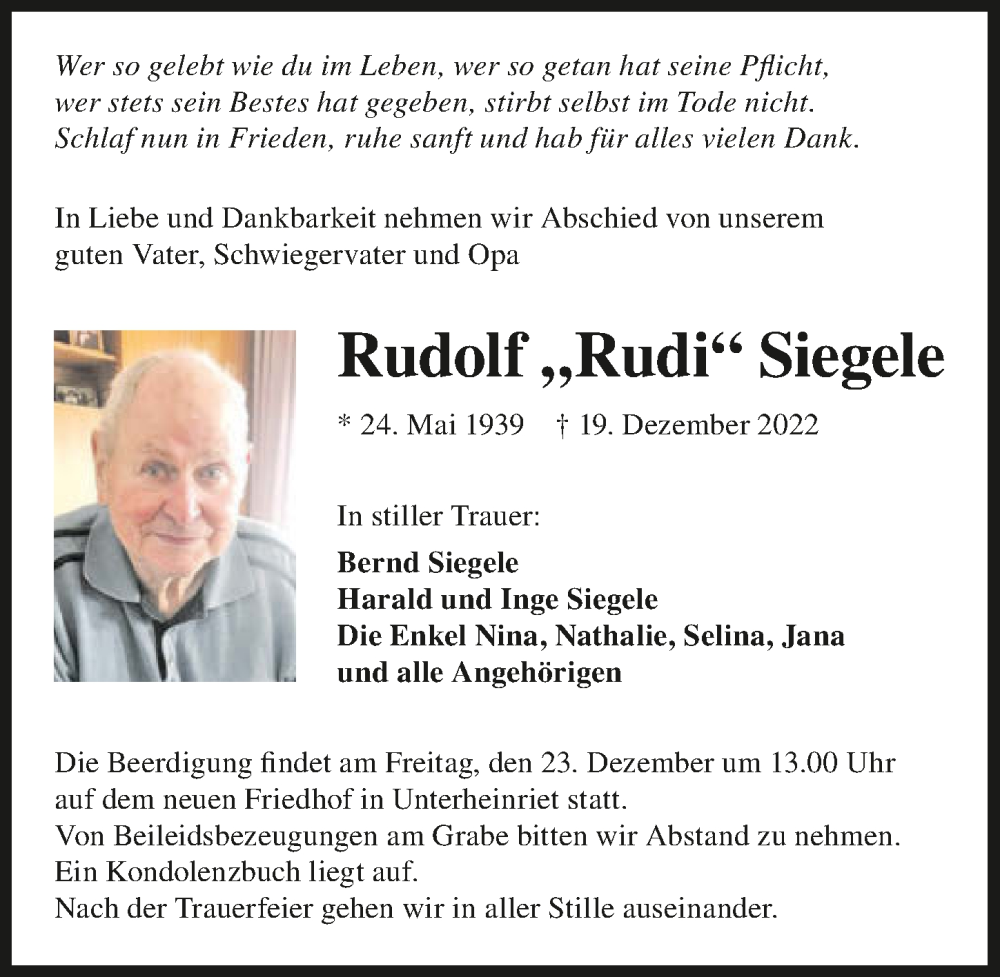 Traueranzeige für Rudolf Siegele vom 21.12.2022 aus GESAMT