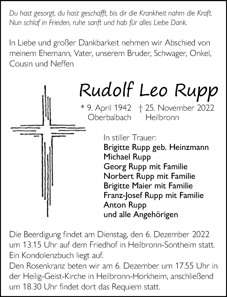  Traueranzeige für Rudolf Leo Rupp vom 03.12.2022 aus Heilbronner Stimme