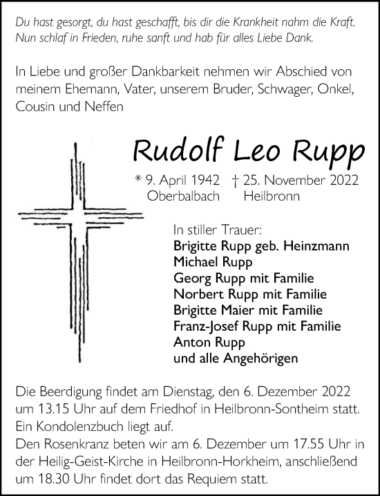Traueranzeige von Rudolf Leo Rupp von Heilbronner Stimme