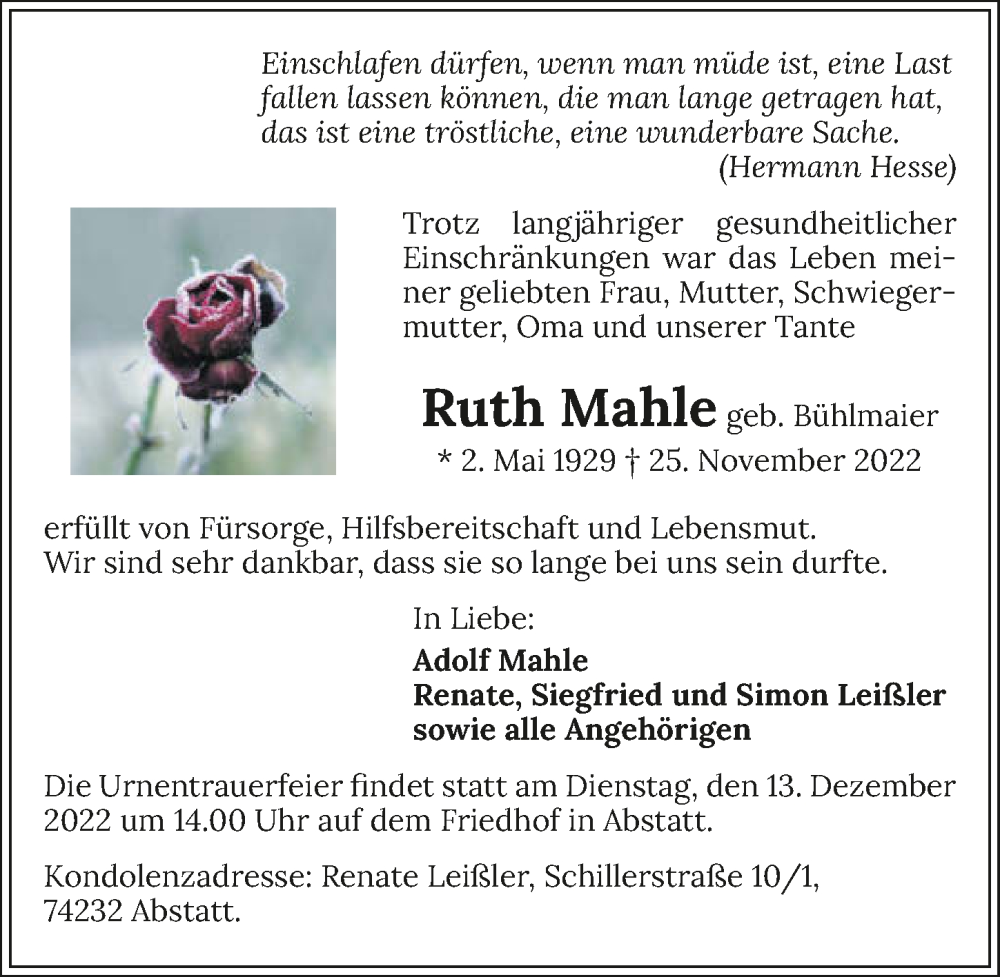  Traueranzeige für Ruth Mahle vom 03.12.2022 aus Heilbronner Stimme