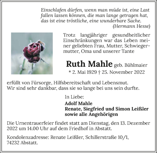 Traueranzeige von Ruth Mahle von Heilbronner Stimme