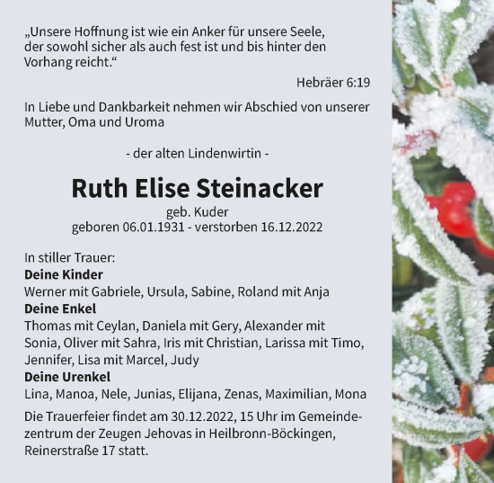 Traueranzeige von Ruth Steinacker von GESAMT