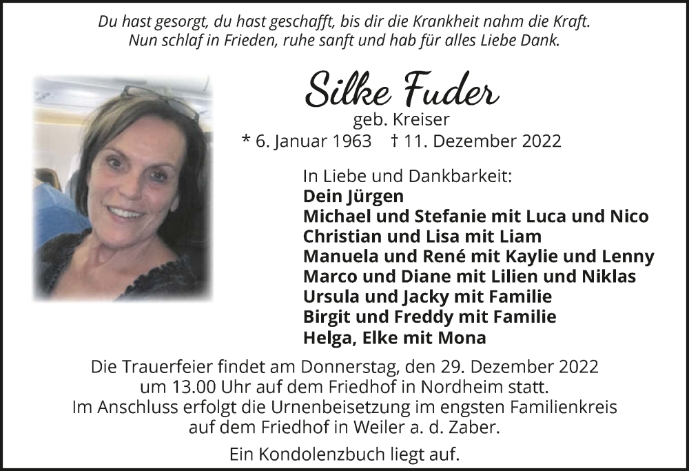  Traueranzeige für Silke Fuder vom 17.12.2022 aus GESAMT