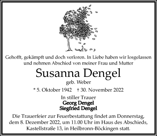 Traueranzeige von Susanna Dengel von Heilbronner Stimme