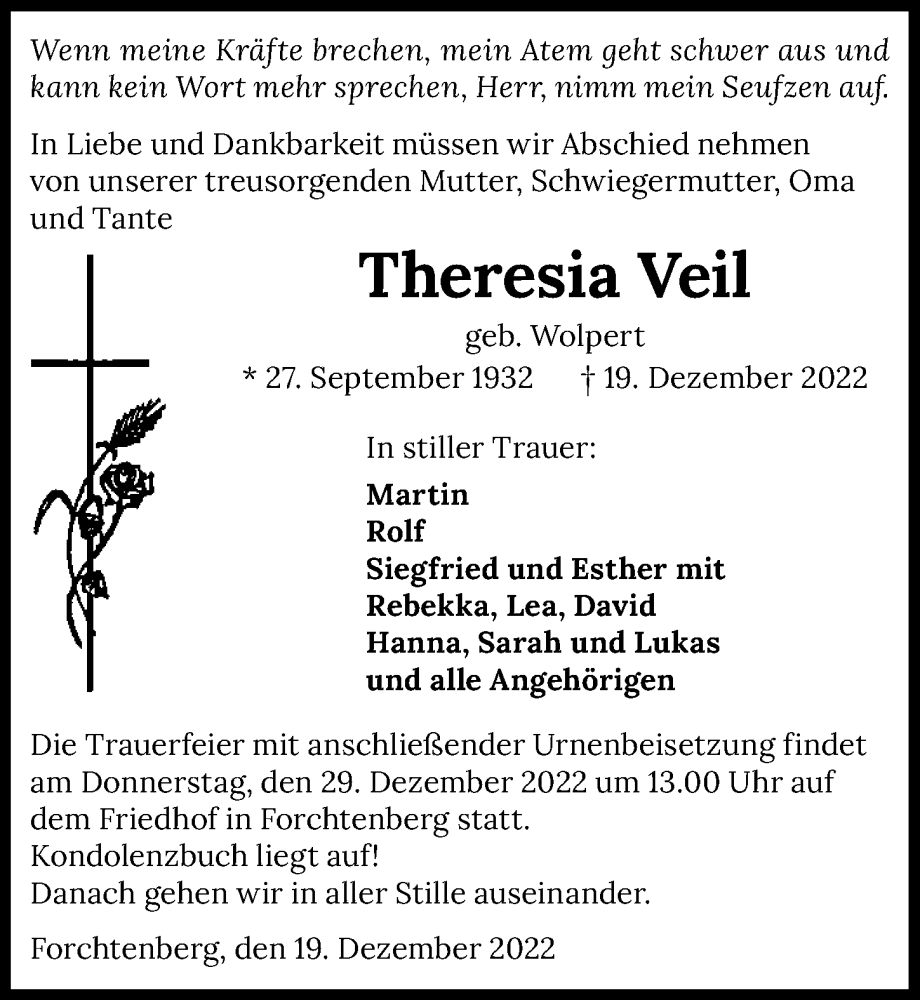  Traueranzeige für Theresia Veil vom 27.12.2022 aus GESAMT
