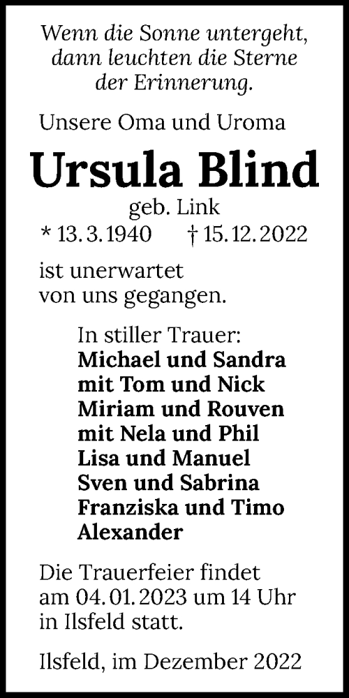  Traueranzeige für Ursula Blind vom 24.12.2022 aus GESAMT