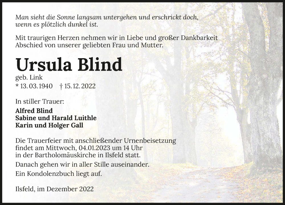  Traueranzeige für Ursula Blind vom 24.12.2022 aus GESAMT