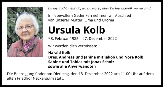 Traueranzeige von Ursula Kolb von GESAMT