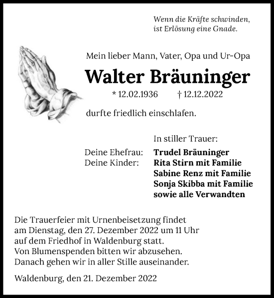 Traueranzeige von Walter Bräuninger von GESAMT