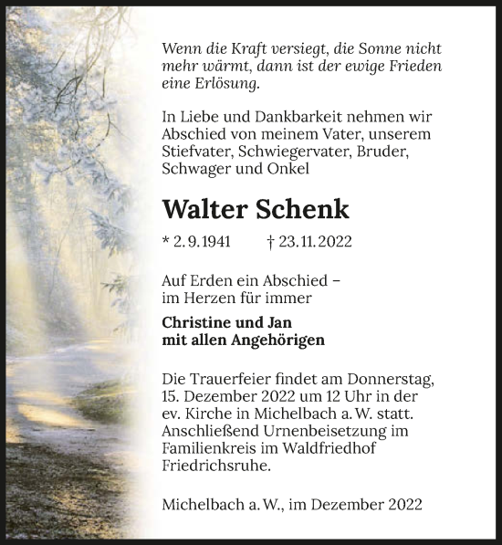 Traueranzeige von Walter Schenk von GESAMT
