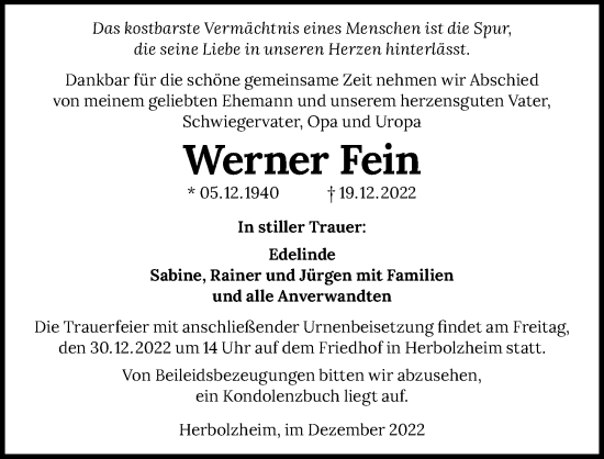Traueranzeige von Werner Fein von GESAMT