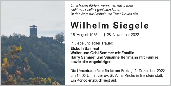 Traueranzeige von Wilhelm Siegele von Heilbronner Stimme