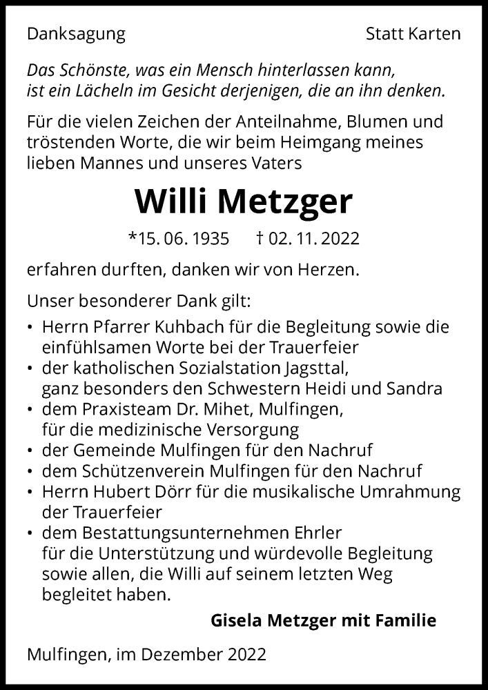  Traueranzeige für Willi Metzger vom 03.12.2022 aus Heilbronner Stimme