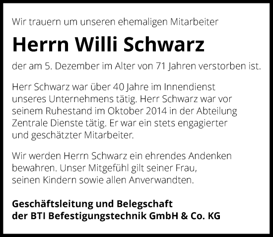 Traueranzeige von Willi Schwarz von GESAMT