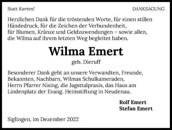 Traueranzeige von Wilma Emert von Heilbronner Stimme