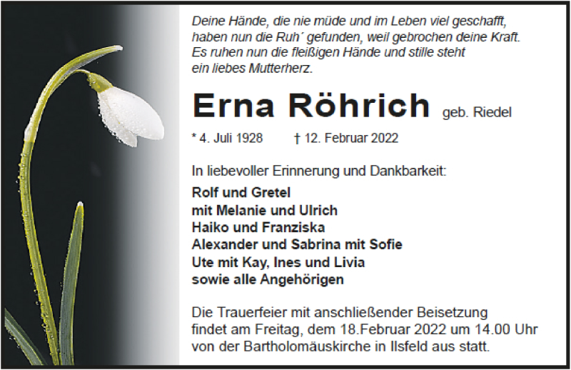  Traueranzeige für Erna Röhrich vom 16.02.2022 aus GESAMT