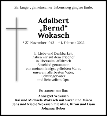 Traueranzeige von Adalbert Wokasch von GESAMT