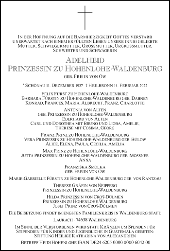 Traueranzeige von Adelheid Prinzessin zu Hohenlohe-Waldenburg von GESAMT