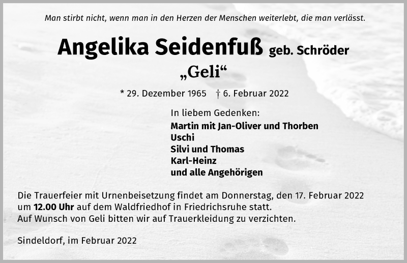 Traueranzeige für Angelika Seidenfuß vom 12.02.2022 aus GESAMT