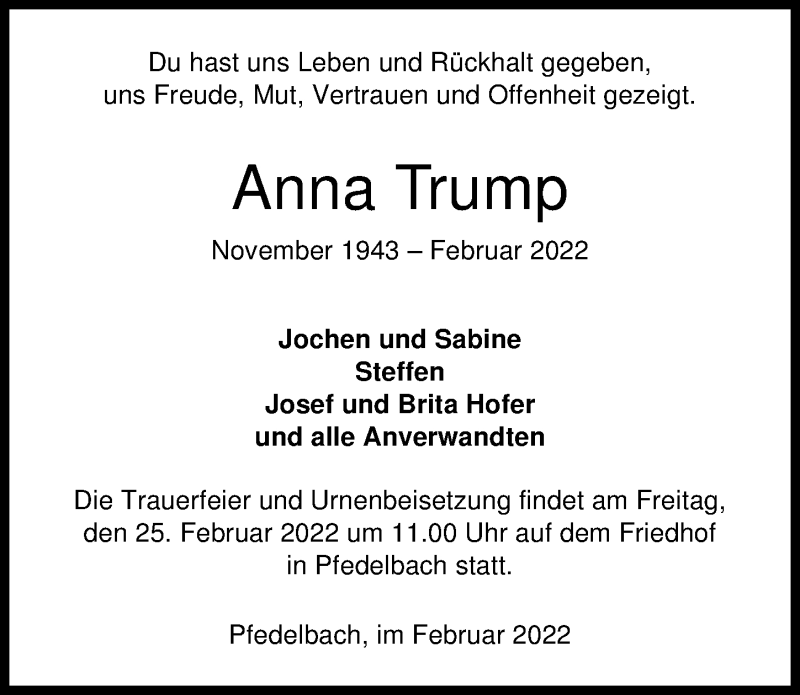  Traueranzeige für Anna Trump vom 22.02.2022 aus GESAMT