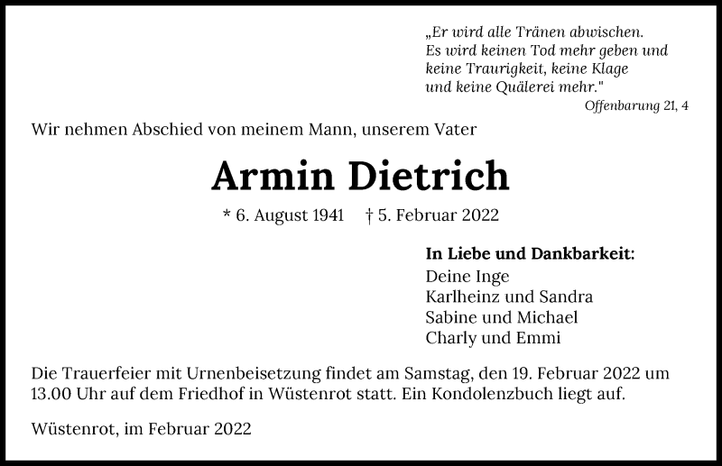  Traueranzeige für Armin Dietrich vom 16.02.2022 aus GESAMT