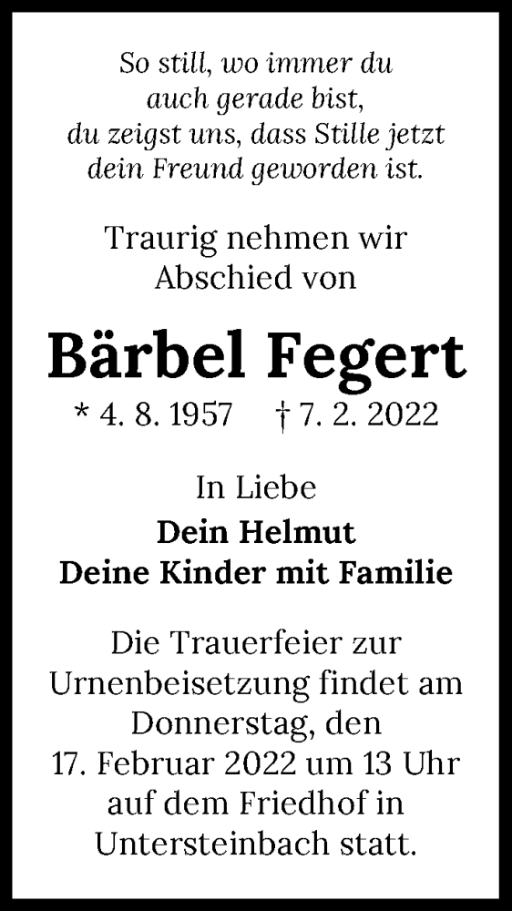  Traueranzeige für Bärbel Fegert vom 12.02.2022 aus GESAMT